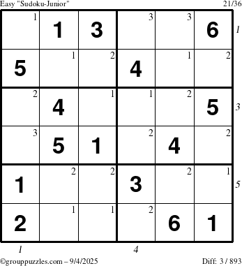 The grouppuzzles.com Easy Sudoku-Junior puzzle for Thursday September 4, 2025 with all 3 steps marked