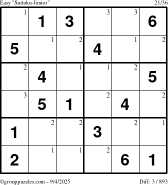 The grouppuzzles.com Easy Sudoku-Junior puzzle for Thursday September 4, 2025 with the first 3 steps marked
