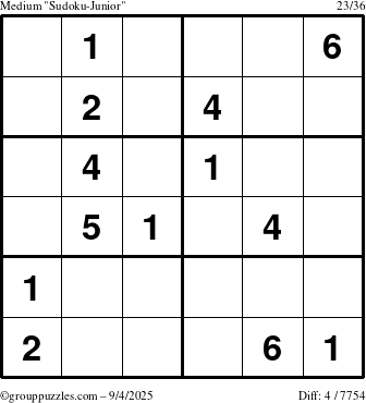 The grouppuzzles.com Medium Sudoku-Junior puzzle for Thursday September 4, 2025