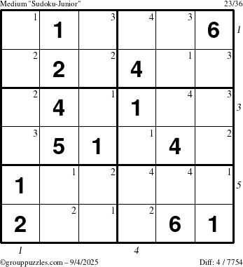 The grouppuzzles.com Medium Sudoku-Junior puzzle for Thursday September 4, 2025 with all 4 steps marked