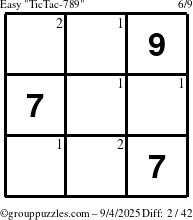 The grouppuzzles.com Easy TicTac-789 puzzle for Thursday September 4, 2025 with the first 2 steps marked