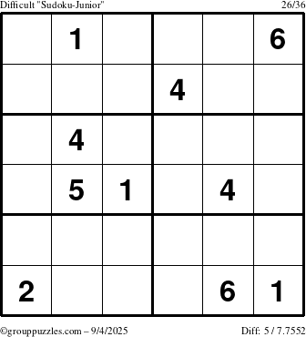 The grouppuzzles.com Difficult Sudoku-Junior puzzle for Thursday September 4, 2025