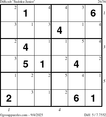 The grouppuzzles.com Difficult Sudoku-Junior puzzle for Thursday September 4, 2025 with all 5 steps marked
