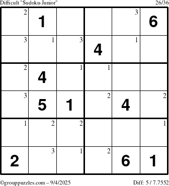 The grouppuzzles.com Difficult Sudoku-Junior puzzle for Thursday September 4, 2025 with the first 3 steps marked