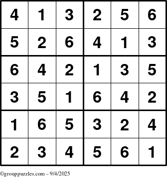 The grouppuzzles.com Answer grid for the Sudoku-Junior puzzle for Thursday September 4, 2025
