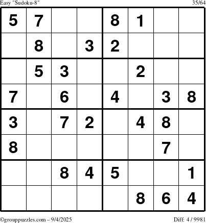 The grouppuzzles.com Easy Sudoku-8 puzzle for Thursday September 4, 2025