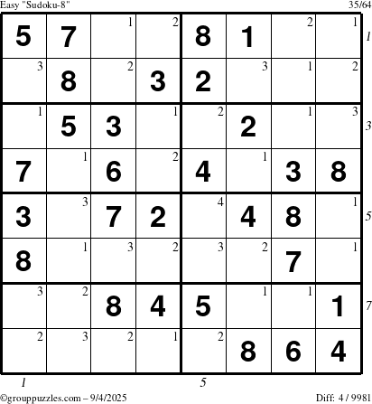 The grouppuzzles.com Easy Sudoku-8 puzzle for Thursday September 4, 2025 with all 4 steps marked