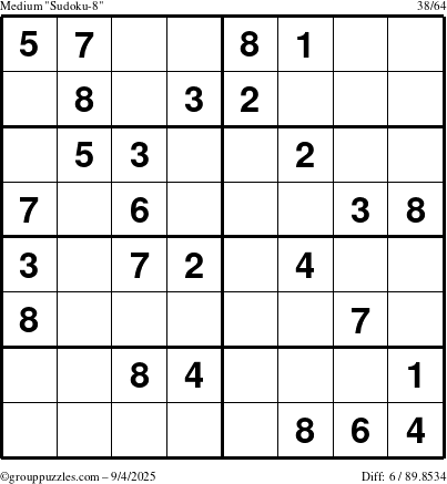 The grouppuzzles.com Medium Sudoku-8 puzzle for Thursday September 4, 2025