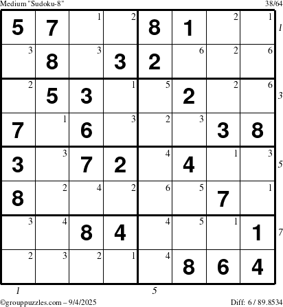 The grouppuzzles.com Medium Sudoku-8 puzzle for Thursday September 4, 2025 with all 6 steps marked
