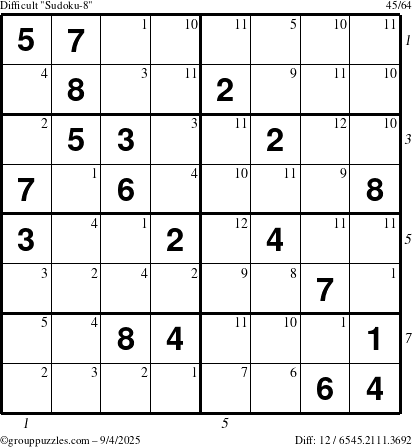 The grouppuzzles.com Difficult Sudoku-8 puzzle for Thursday September 4, 2025 with all 12 steps marked