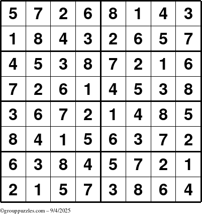 The grouppuzzles.com Answer grid for the Sudoku-8 puzzle for Thursday September 4, 2025