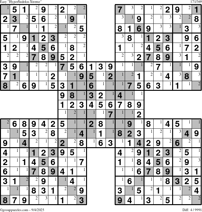 The grouppuzzles.com Easy cover-HyperXtreme puzzle for Thursday September 4, 2025 with the first 3 steps marked