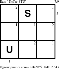 The grouppuzzles.com Easy TicTac-STU puzzle for Thursday September 4, 2025 with all 2 steps marked