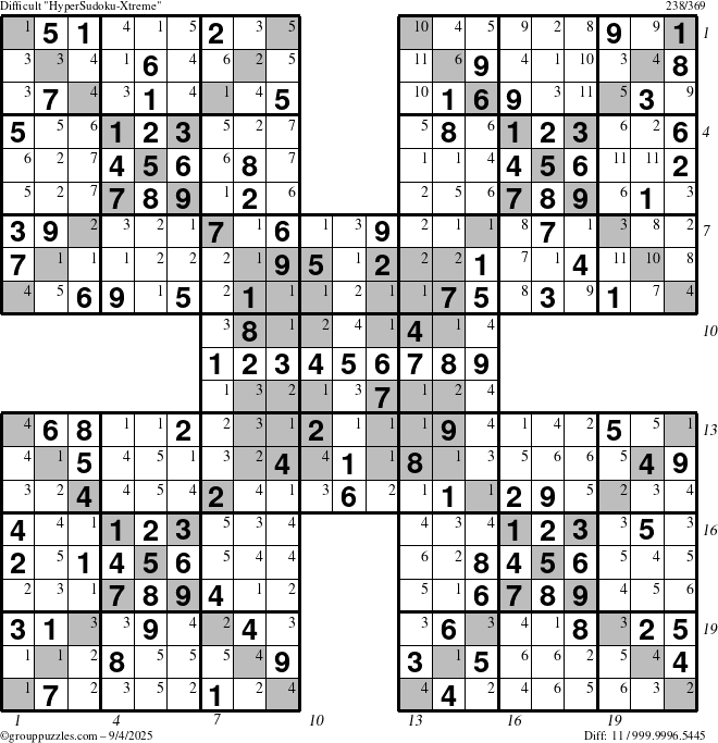 The grouppuzzles.com Difficult cover-HyperXtreme puzzle for Thursday September 4, 2025, suitable for printing, with all 11 steps marked