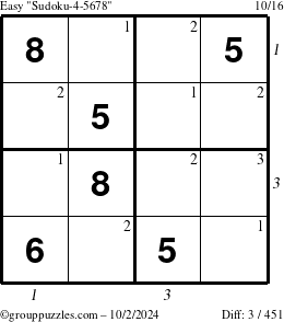 The grouppuzzles.com Easy Sudoku-4-5678 puzzle for Wednesday October 2, 2024, suitable for printing, with all 3 steps marked