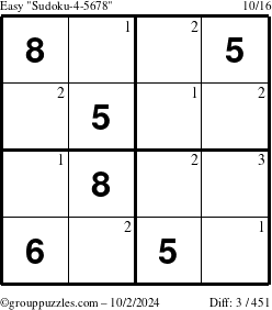 The grouppuzzles.com Easy Sudoku-4-5678 puzzle for Wednesday October 2, 2024 with the first 3 steps marked