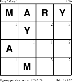 The grouppuzzles.com Easy Mary puzzle for Wednesday October 2, 2024 with the first 3 steps marked