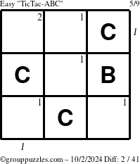 The grouppuzzles.com Easy TicTac-ABC puzzle for Wednesday October 2, 2024, suitable for printing, with all 2 steps marked