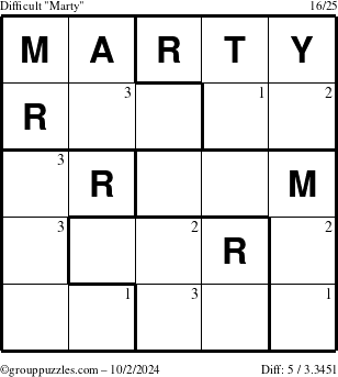 The grouppuzzles.com Difficult Marty puzzle for Wednesday October 2, 2024 with the first 3 steps marked