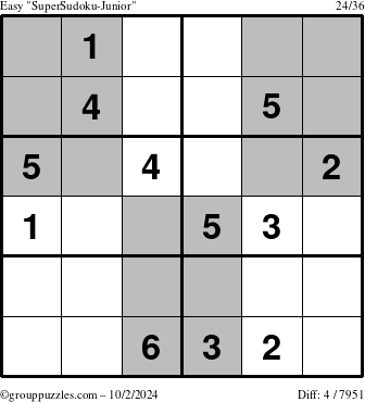 The grouppuzzles.com Easy SuperSudoku-Junior puzzle for Wednesday October 2, 2024