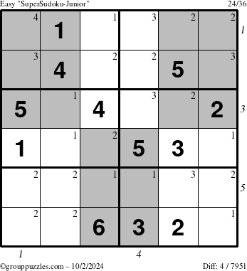 The grouppuzzles.com Easy SuperSudoku-Junior puzzle for Wednesday October 2, 2024 with all 4 steps marked