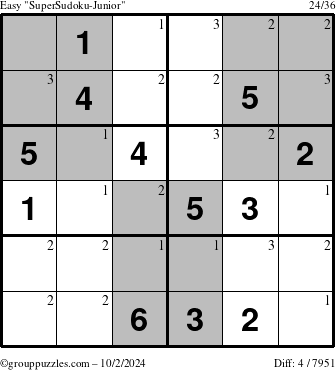 The grouppuzzles.com Easy SuperSudoku-Junior puzzle for Wednesday October 2, 2024 with the first 3 steps marked