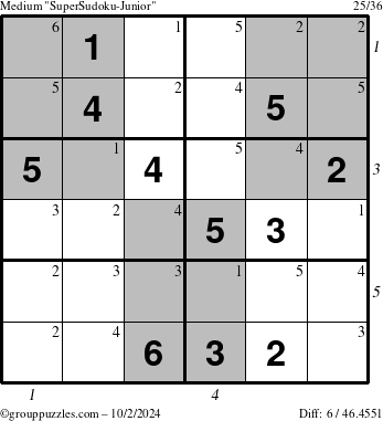 The grouppuzzles.com Medium SuperSudoku-Junior puzzle for Wednesday October 2, 2024 with all 6 steps marked