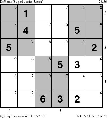 The grouppuzzles.com Difficult SuperSudoku-Junior puzzle for Wednesday October 2, 2024, suitable for printing, with all 9 steps marked