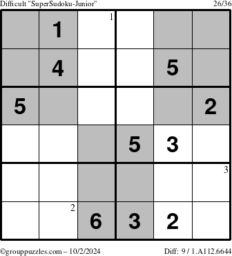 The grouppuzzles.com Difficult SuperSudoku-Junior puzzle for Wednesday October 2, 2024 with the first 3 steps marked