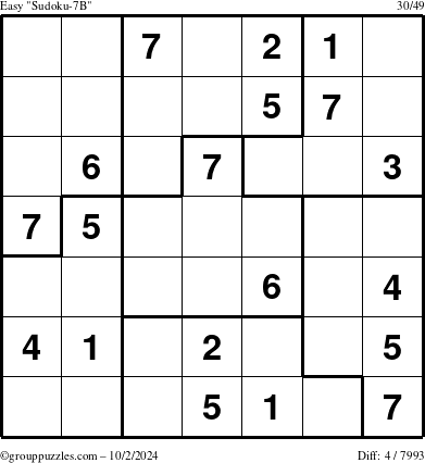 The grouppuzzles.com Easy Sudoku-7B puzzle for Wednesday October 2, 2024