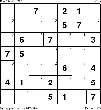 The grouppuzzles.com Easy Sudoku-7B puzzle for Wednesday October 2, 2024 with the first 3 steps marked