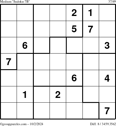 The grouppuzzles.com Medium Sudoku-7B puzzle for Wednesday October 2, 2024