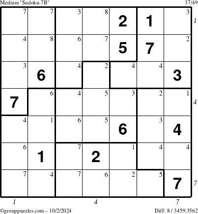 The grouppuzzles.com Medium Sudoku-7B puzzle for Wednesday October 2, 2024 with all 8 steps marked