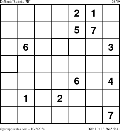 The grouppuzzles.com Difficult Sudoku-7B puzzle for Wednesday October 2, 2024