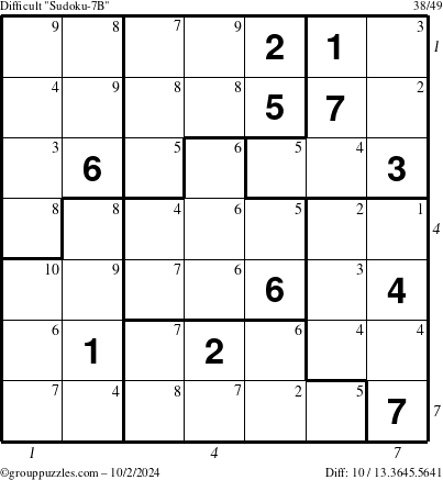 The grouppuzzles.com Difficult Sudoku-7B puzzle for Wednesday October 2, 2024 with all 10 steps marked