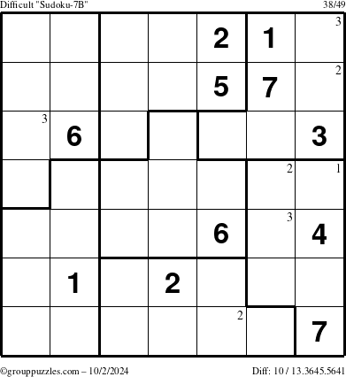 The grouppuzzles.com Difficult Sudoku-7B puzzle for Wednesday October 2, 2024 with the first 3 steps marked