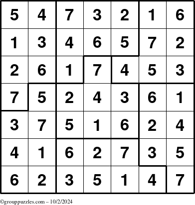 The grouppuzzles.com Answer grid for the Sudoku-7B puzzle for Wednesday October 2, 2024