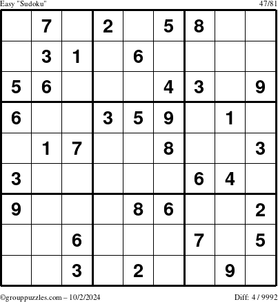 The grouppuzzles.com Easy Sudoku puzzle for Wednesday October 2, 2024