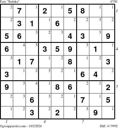 The grouppuzzles.com Easy Sudoku puzzle for Wednesday October 2, 2024 with all 4 steps marked