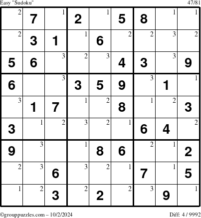 The grouppuzzles.com Easy Sudoku puzzle for Wednesday October 2, 2024 with the first 3 steps marked