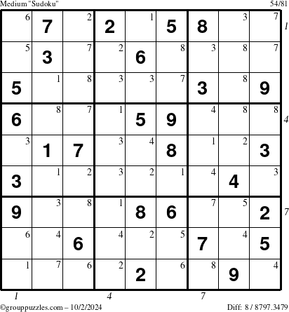 The grouppuzzles.com Medium Sudoku puzzle for Wednesday October 2, 2024, suitable for printing, with all 8 steps marked