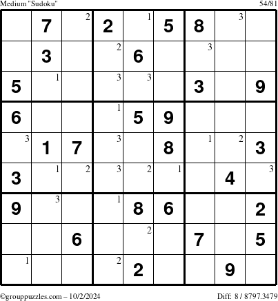 The grouppuzzles.com Medium Sudoku puzzle for Wednesday October 2, 2024 with the first 3 steps marked