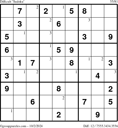 The grouppuzzles.com Difficult Sudoku puzzle for Wednesday October 2, 2024 with the first 3 steps marked