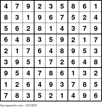 The grouppuzzles.com Answer grid for the Sudoku puzzle for Wednesday October 2, 2024