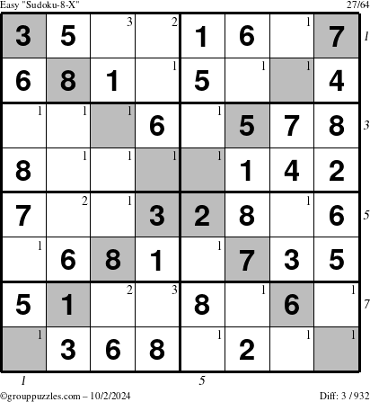 The grouppuzzles.com Easy Sudoku-8-X puzzle for Wednesday October 2, 2024, suitable for printing, with all 3 steps marked