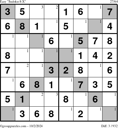 The grouppuzzles.com Easy Sudoku-8-X puzzle for Wednesday October 2, 2024 with the first 3 steps marked