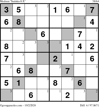 The grouppuzzles.com Medium Sudoku-8-X puzzle for Wednesday October 2, 2024 with the first 3 steps marked