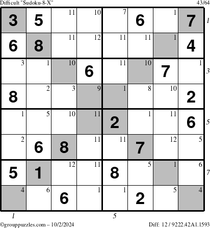 The grouppuzzles.com Difficult Sudoku-8-X puzzle for Wednesday October 2, 2024 with all 12 steps marked