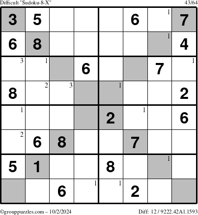 The grouppuzzles.com Difficult Sudoku-8-X puzzle for Wednesday October 2, 2024 with the first 3 steps marked