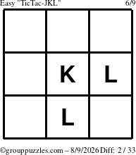 The grouppuzzles.com Easy TicTac-JKL puzzle for Sunday August 9, 2026